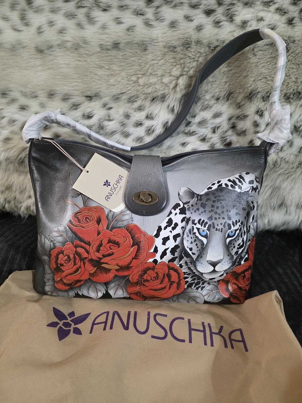 Anuschka Silver Shoulder Bag with Leopard and Red Roses